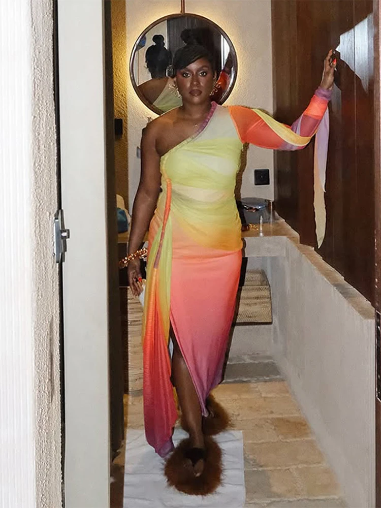 Gradient Print Irregular Birthday Dress Woman Sexy Skew Collar Single Sleeve Bodycon Maxi Dresses 2025 Holiday Beachwear