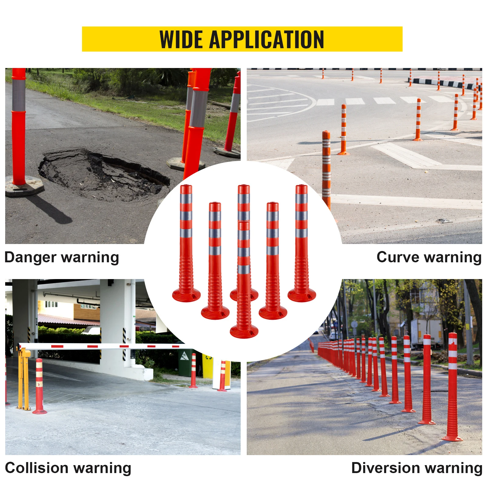 SucceBuy 6 Pack /12 Pack Traffic Delineator Posts Flexible Channelizer Cone 30Inch Spring Post Flexible PU Reflective Band