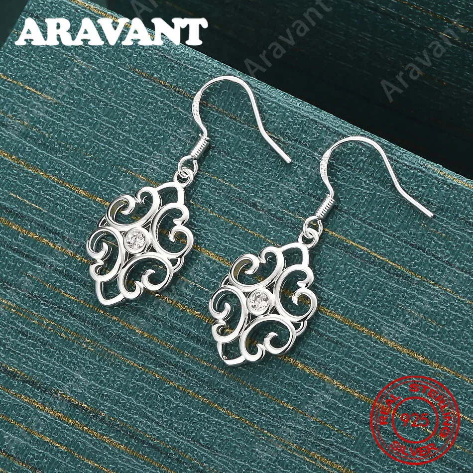 925 Sterling Silver Diamond-Shaped Zircon Carved Earrings - A Fresh And Elegant Design For Women'S Engagement Jewelry