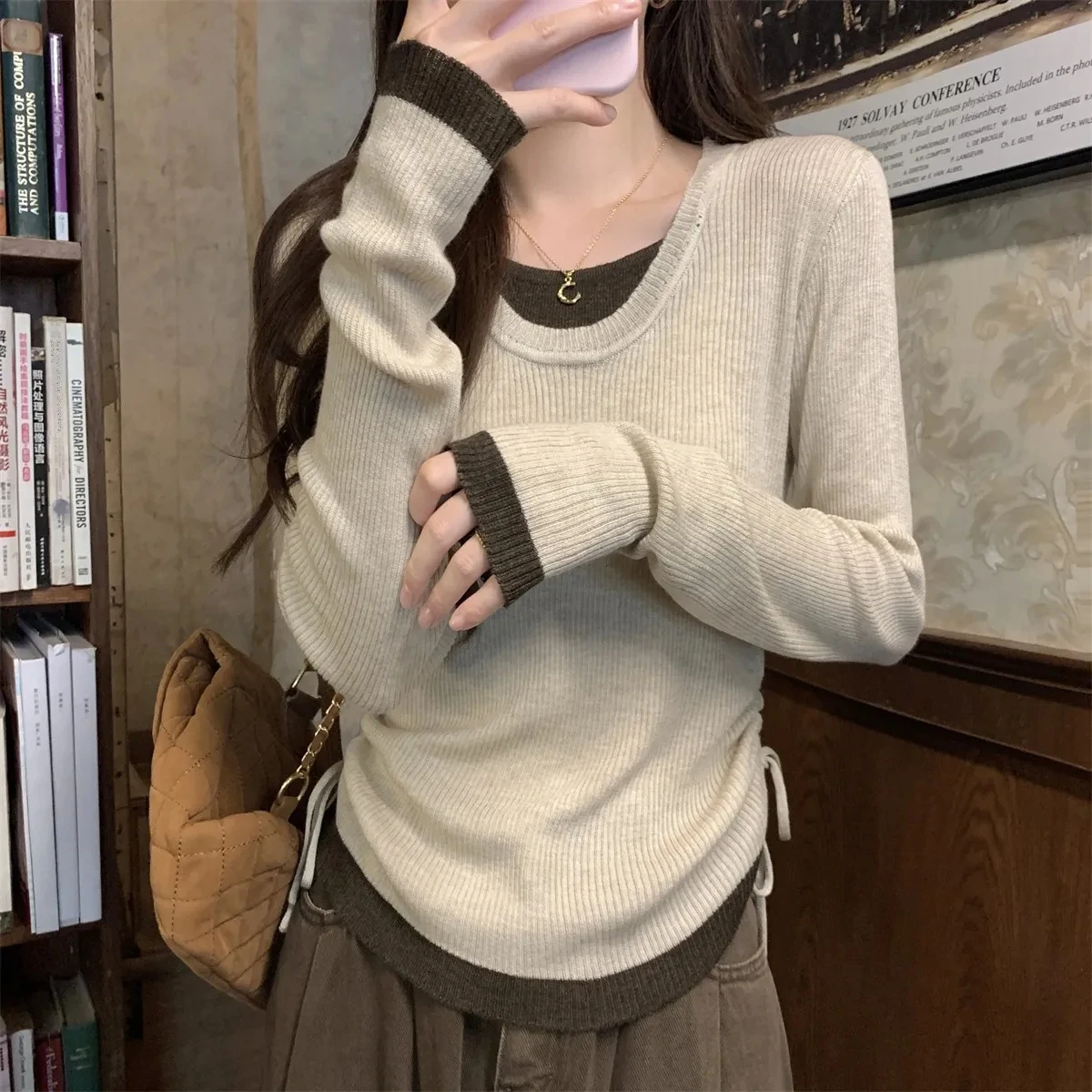 

Women's Long Sleeve Knitted T-shirt Drawstring Lace-up Tops Casual Versatile Slim Fit T-Shirt 2025 Spring New Clothes