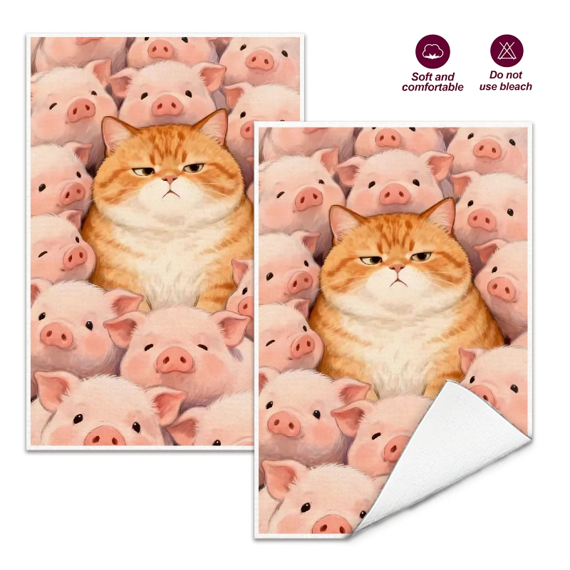 2Pcs, Orange Cat and Piglet Kitchen Towels, 40Cm*60Cm Towel Set, Best Kitchen Towels, Super Absorbent Soft Cleaning Cloth, Cooking and Baking Tea Towels, Hand Towels, Cleaning Cloths, Dishcloths, Kitchen Decor, Living Room Decorations, Kitchen Essentials, Home Essentials