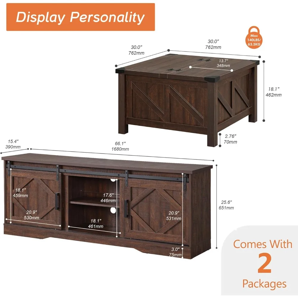 Farmhouse 75 in TV Stand and Coffee Table Set, Entertainment Center for TVs Up to 75", 30" Square Wood Center Table with Gas Sp