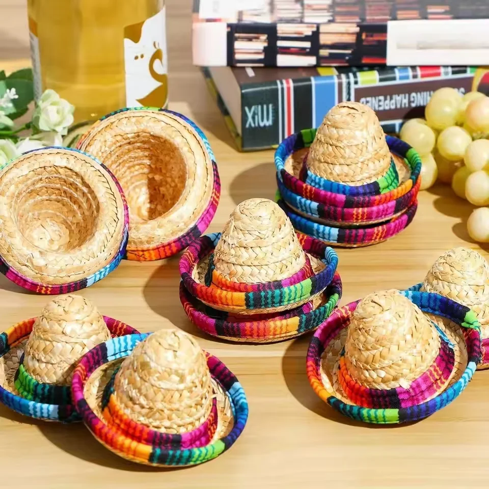 Mini Mexikanischer Karneval-Strohhut, Rotweinflaschenhut, Naturgeflecht-Hut, Party-Deko, kleiner Strohhut, Puppen-Esstisch-Party-Requisite