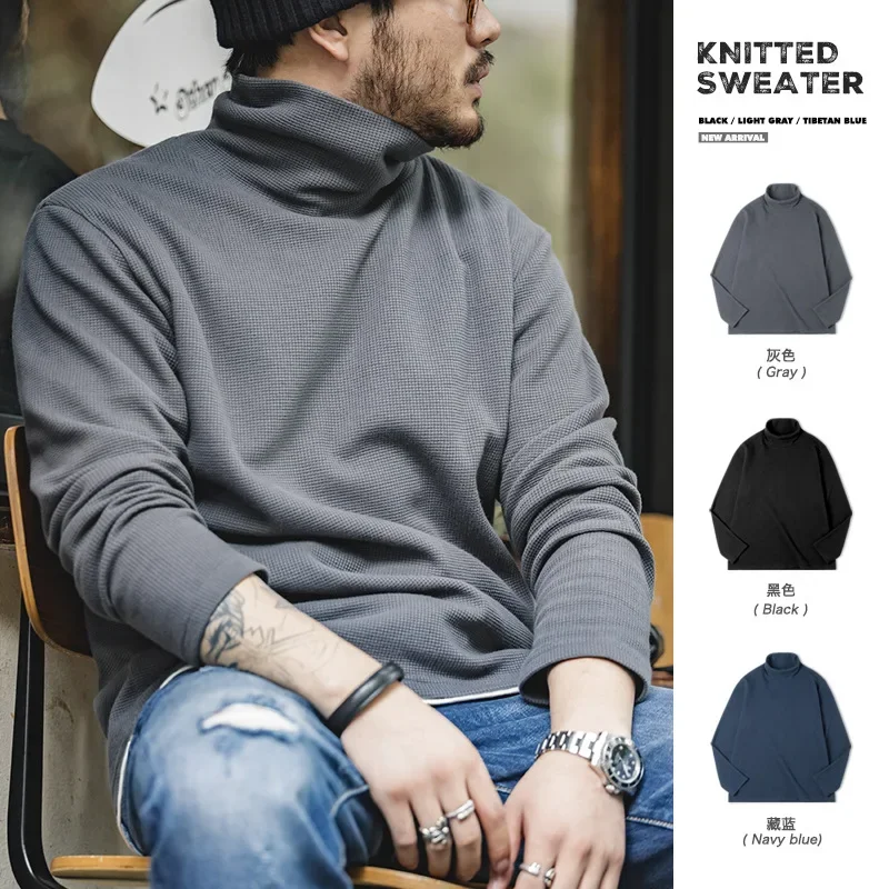 LIBIELIY American Style Leisure Multi-color Men Waffle Knit Sweatshirt. High-necked Long-sleeved T-shirt Base Layer With Warmth