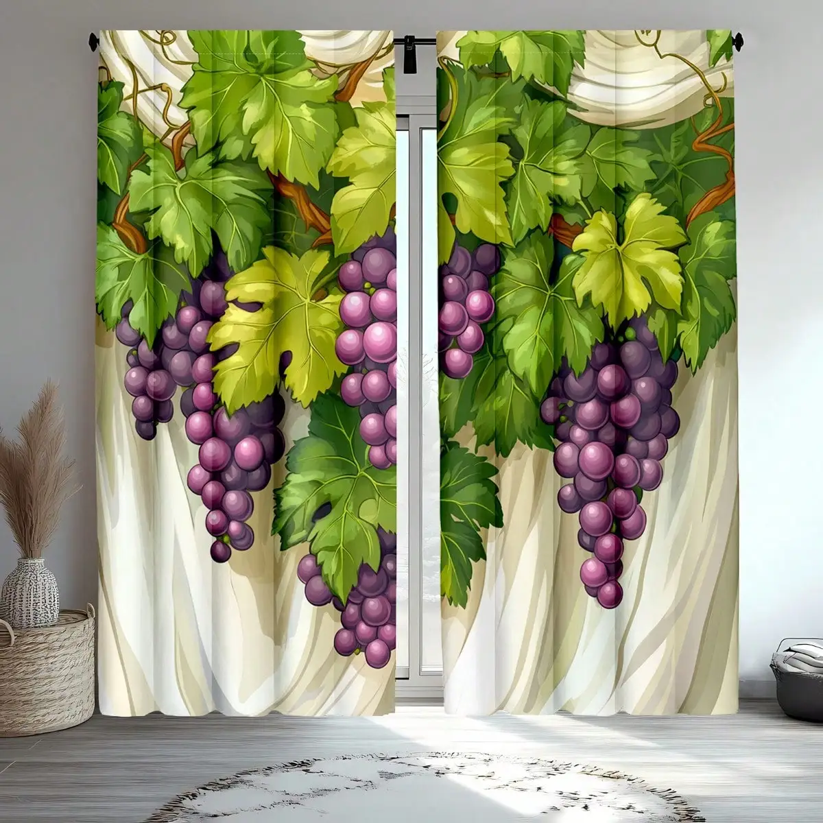 Grape Print Curtain, Farmhouse Style Blackout Curtains, Purple Fruit & Green Leaf Window Drapes for Kitchen, 2 Panels