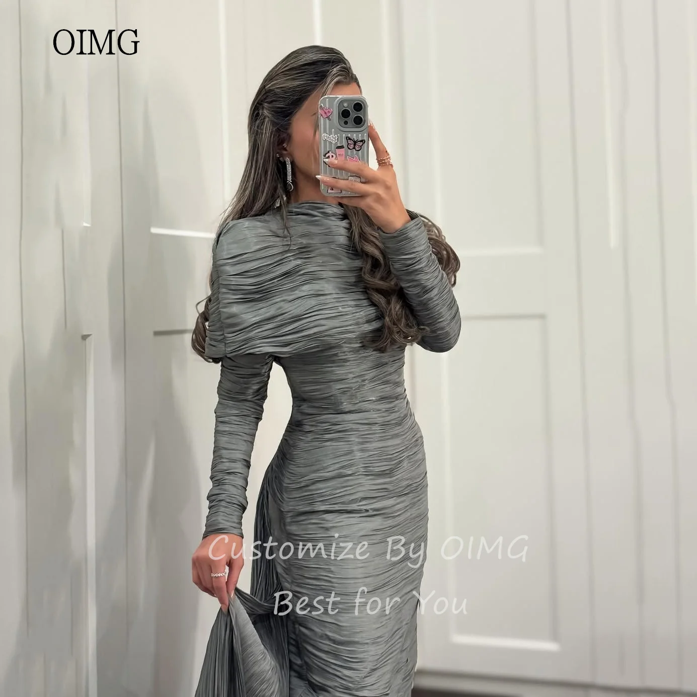 OIMG モダンハイネックマーメイドプロムガウンロングスリーブプリーツパーティーガウンフロア丈テール付きイブニングドレス2025カスタマイズ