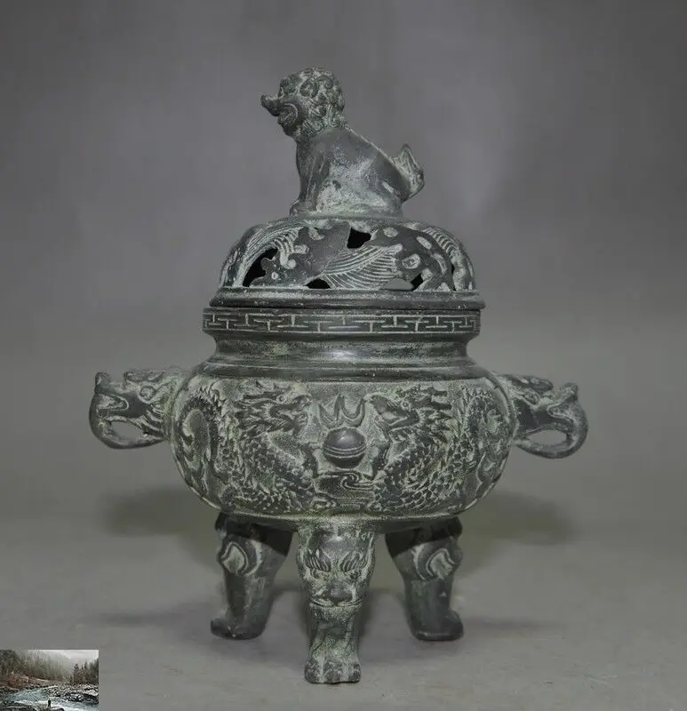 

Marked old Chinese bronze Dragon foo dog lion beast statue Incense Burner censer