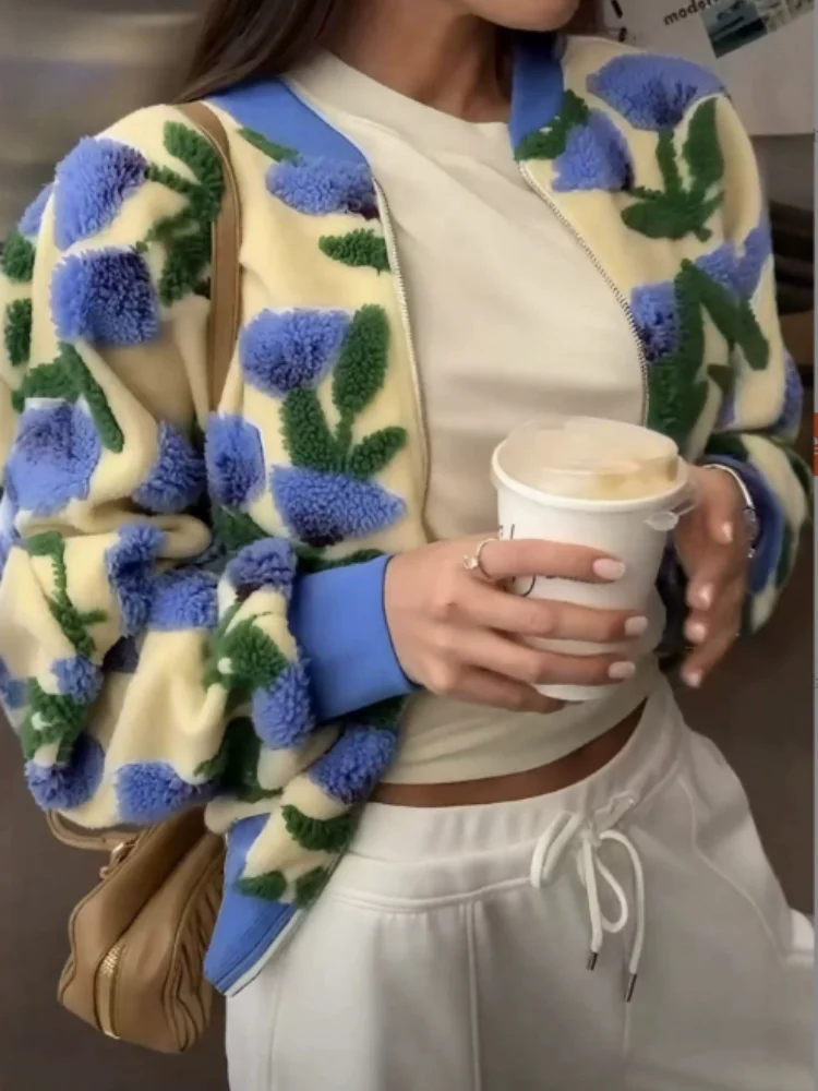 Glam 3D Floral Print Cropped J - đánh giá và giá Sherpa Jacket Fleece