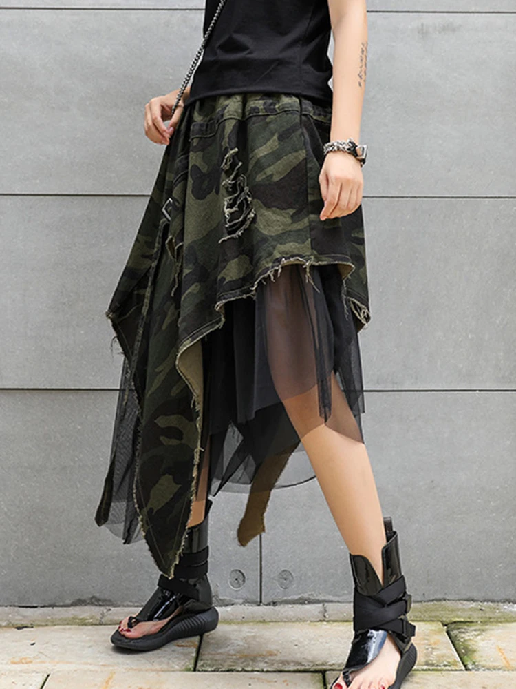 [EAM] High Elastic Waist Camouflage Irregular Mesh A-line Half-body Skirt Women Fashion Tide New Spring Autumn 2024 1DH6094