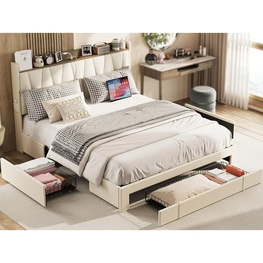 

Queen Bed Frame with 3 Drawers, Upholstered Platform Bed with Storage Headboard and Charging Station, No Box Spring Needed