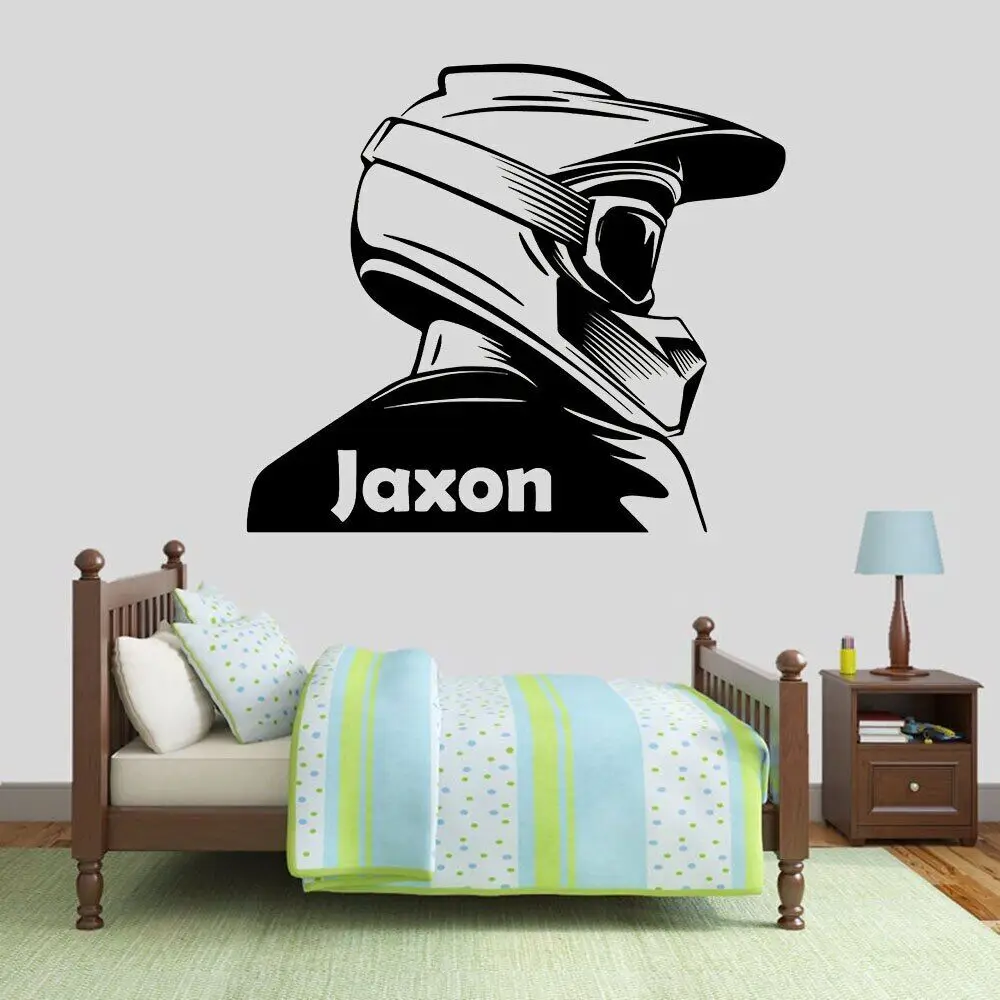 Custom Name Motocross Helmet Wall Sticker Vinyl Home Art Decor Kids, Rider Bedroom Fashion Decor Rider Helmet Wall Sticker Mt07