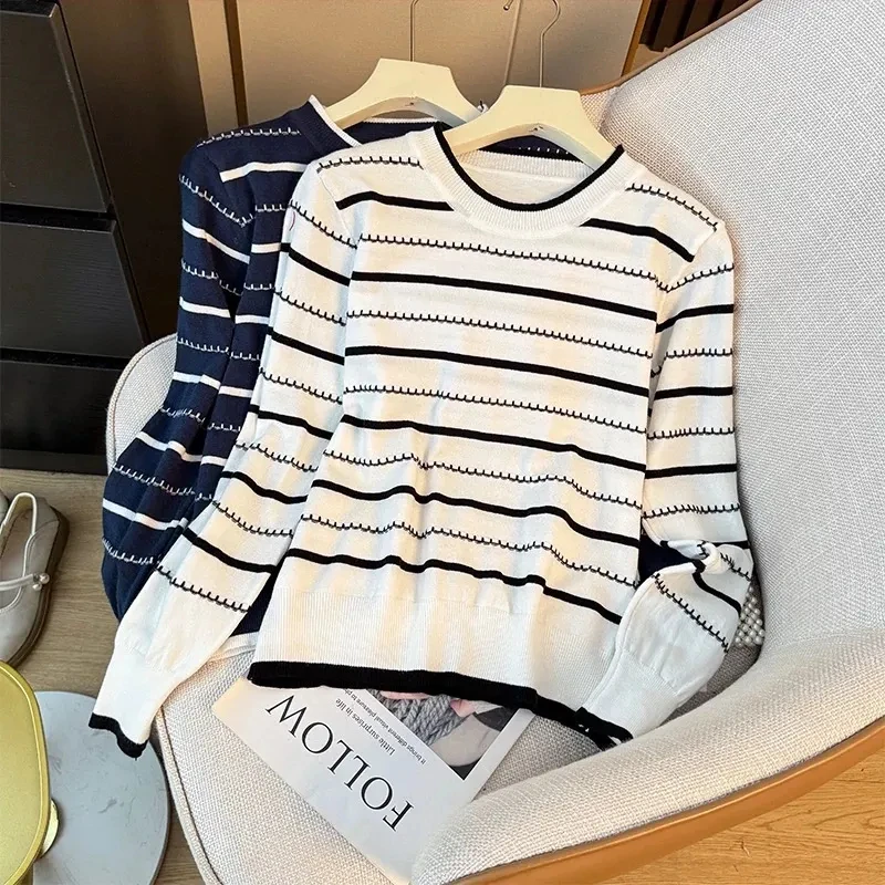 

Contrast Color Striped Knitted Tops Women Vintage O Neck Slim Fit Long Sleeve Pullover Autumn Versatile Cropped Sweater