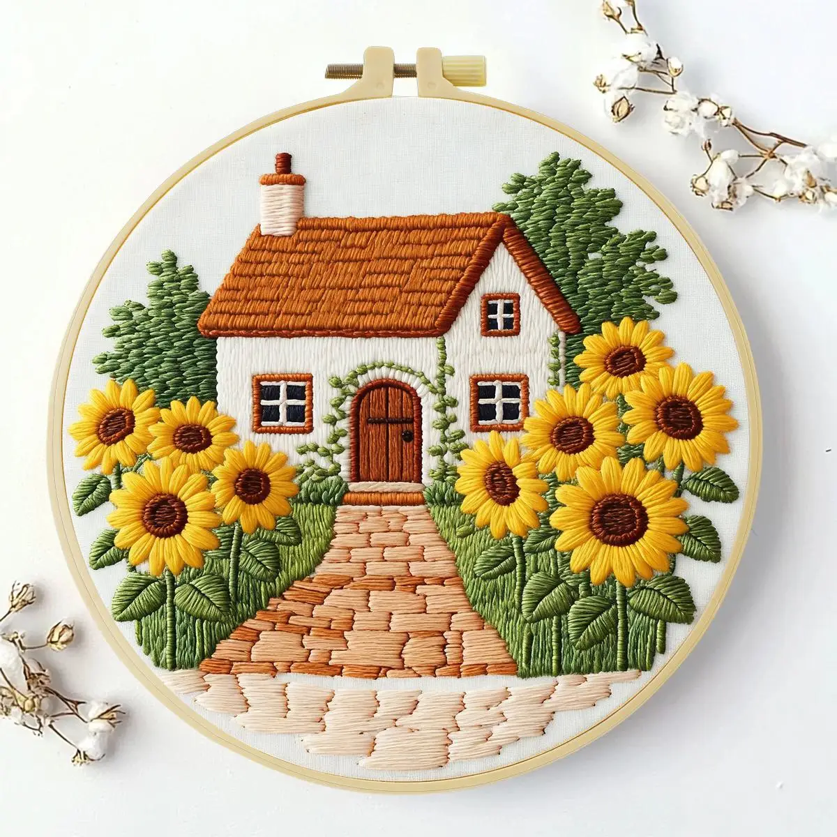 1 Stück 20X20CM/15X15CM 7,87/6,3 Zoll Sonnenblumen-Haus Stickerei Starter-Kit DIY-Kit DIY-Stickerei-Set Handarbeiten Nähkunst – Detail 2