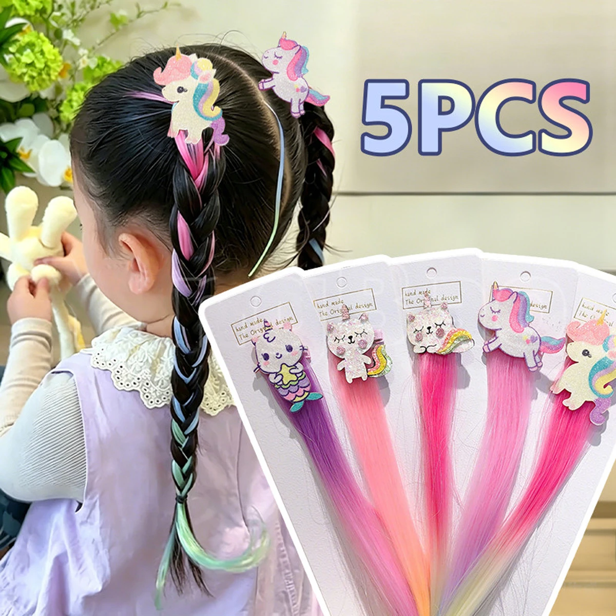 2/5PCS Lovely Princess Unicorn Multicolour Wig Girls Hairpins Cute Kids Headwear Gift Hair Clips Barrettes Hair Accessories