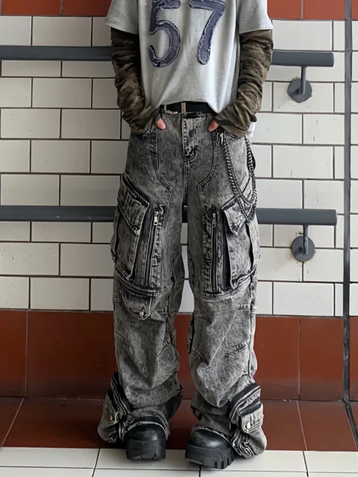 

Workwear Sle Loose Fit Cargo Jeans Men's American Streetwear Heavy Du Waed Multi ket Wide Leg Pants