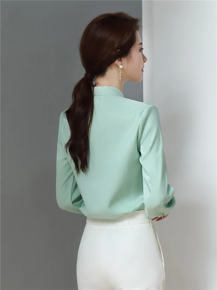 Women\'s Elegant Bow Tie Shirt Ladies\'  Solid Long Sleeve Chiffon Shirts Casual Blouses Vintage Tops Mint Green Spring Autumn