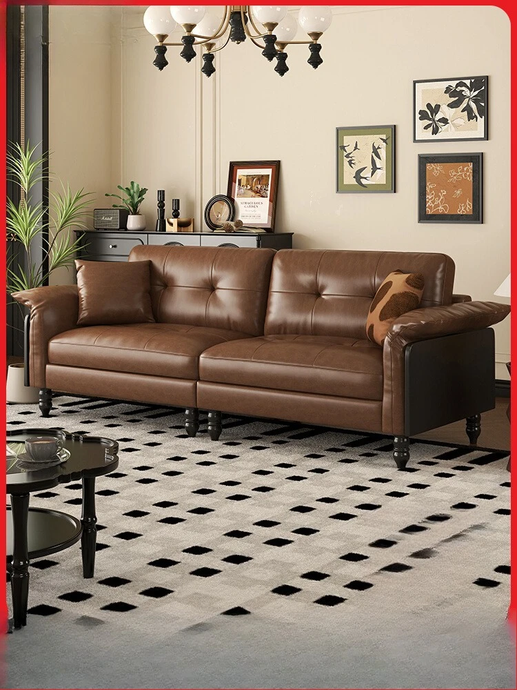 

French solid wood sofa American retro living room small apartment brown oil wax technology leather art straight row sofa