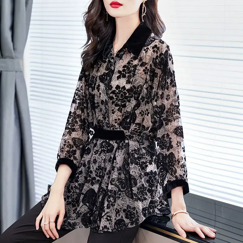 Office Lady Stylish Waist Blouse Vintage Floral Printed Spring Autumn Turn-down Collar Female Clothing Single-breasted Shirt New