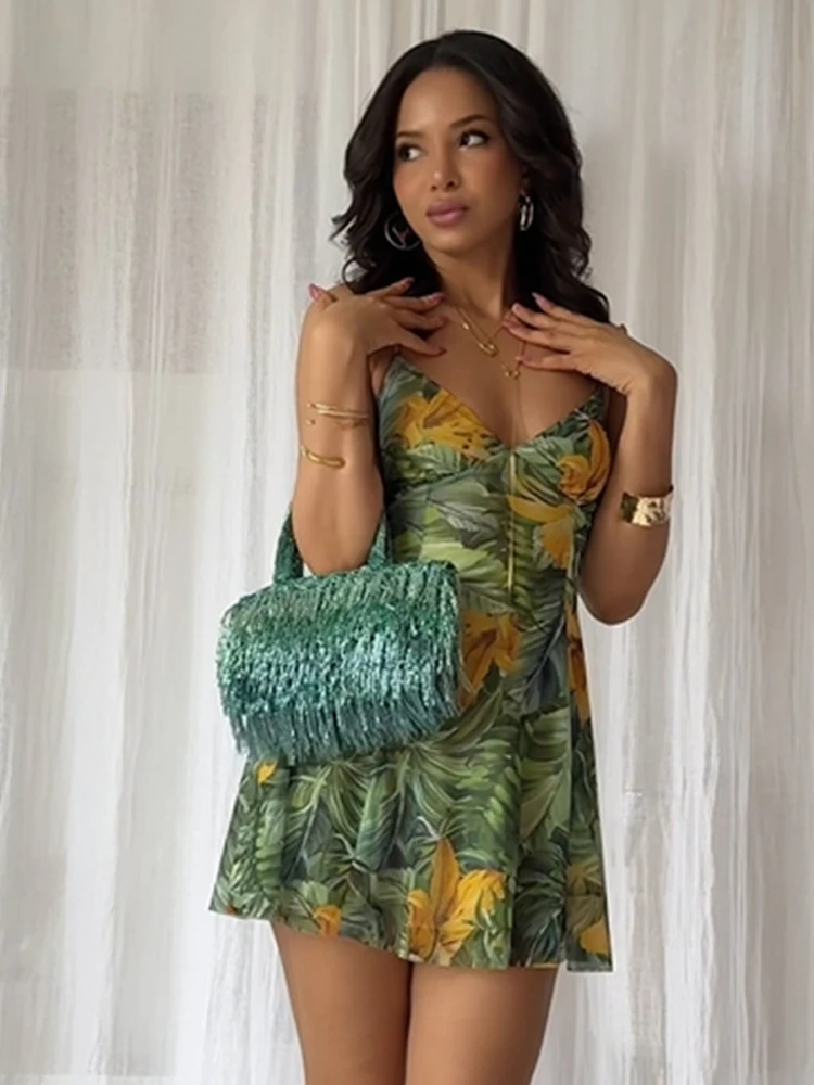 

Print Waist Cinching Slip Dress Women Sexy V-neck Sleeveless Backless Lace Up Mini Partywear New Fashion Ladies Glamorous Robes