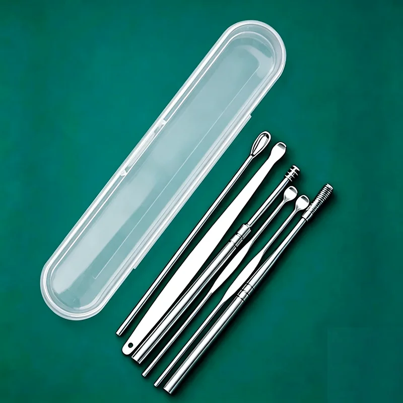 Juego de 6 piezas de cuchara espiral de acero inoxidable para limpiar los oídos, herramienta multifunción portátil con caja de almacenamiento