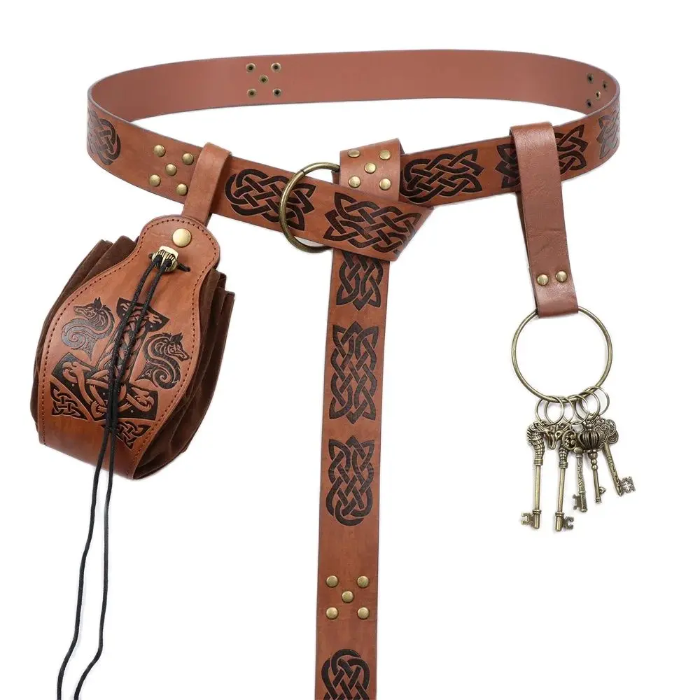 Medieval cosplay belt Renaissance copper coin printed waist bag with keychain hiking skirt clip Halloween cosplay costume prop