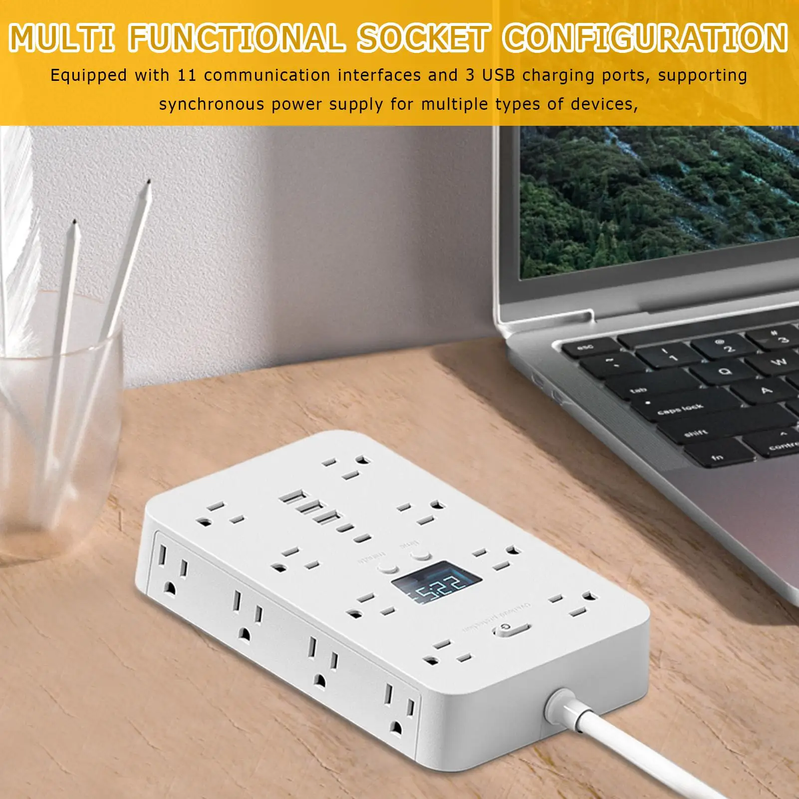 Smart Energy Strip 16-in-1 Heavy Duty 4.9 FT Extension Cord With 3 Usb Ports For Wall Dorm Car Home Travel Office Living Room