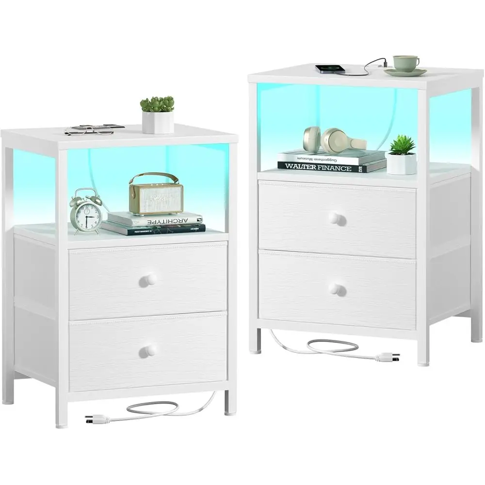 

Pair of Modern Nightstands with Dual Charging Ports and LED Lights, Fabric Drawers for Bedroom