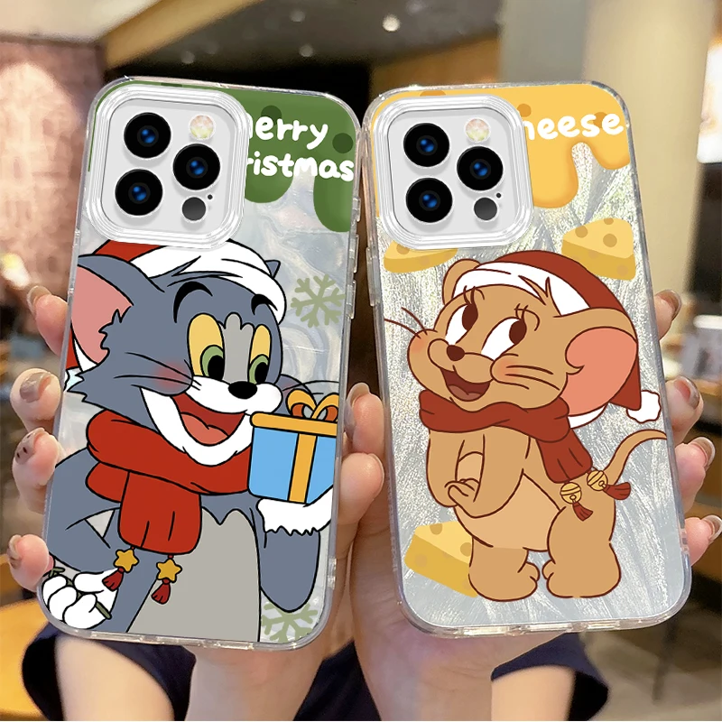 Cute T-Tom And J-Jerry Christmas Gradient For iPhone 16 Pro Max Case 15 14 13 12 11 8 7 Pro Max Plus XS XR Hard Shockproof Cover