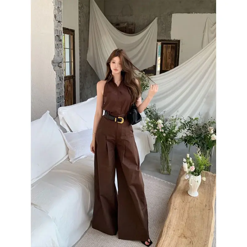 

Successful Temperament Women's Suit Brown Polo Collar Sleeveless Shirt Top Summer Casual Wide-leg Pants Two-piece Suit