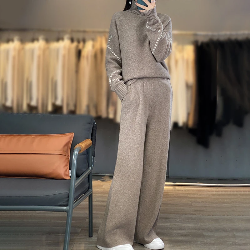 New Style Autumn Winter 100% Merino Wool Women's Knit Suit Thick Warm Knit Turtleneck Pure Wool Sweater & Wide Leg Trousers Set