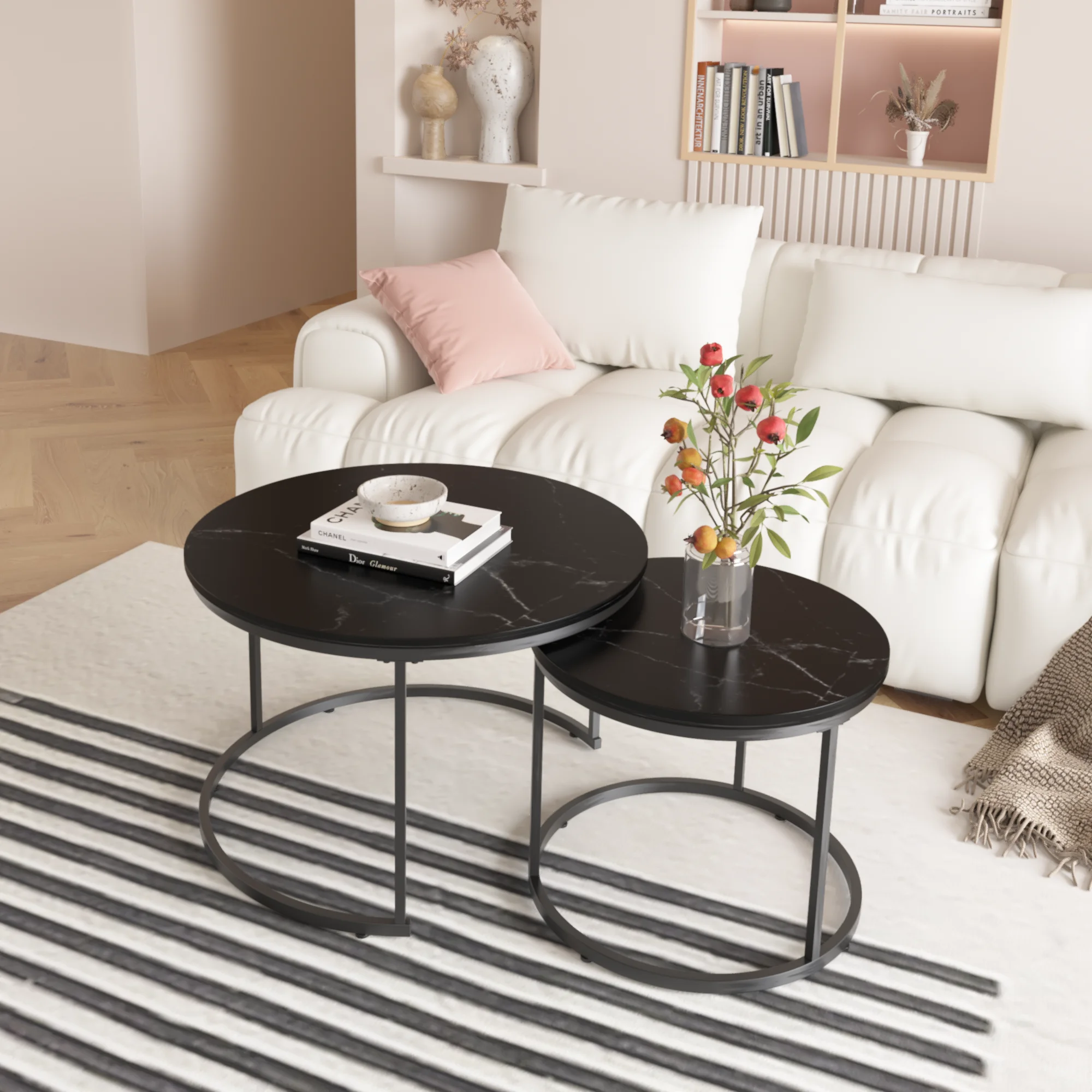 For Living Room Bedroom Balcony Yard (Black)Modern Durable Nesting Coffee Table Set With Wood Marble Top And Sturdy Metal Frame
