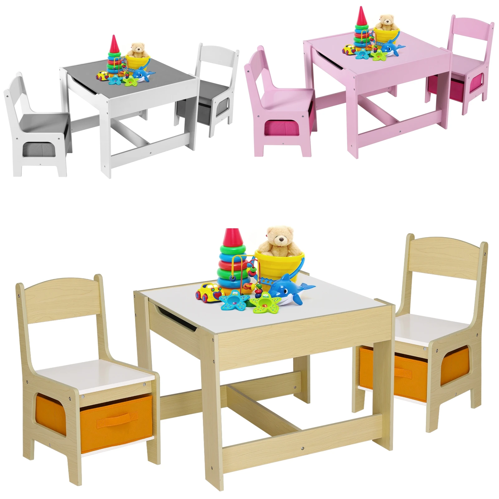 Kids Table and 2 Chairs Set W/ Storage Drawer Wooden Activity Table For Toddlers