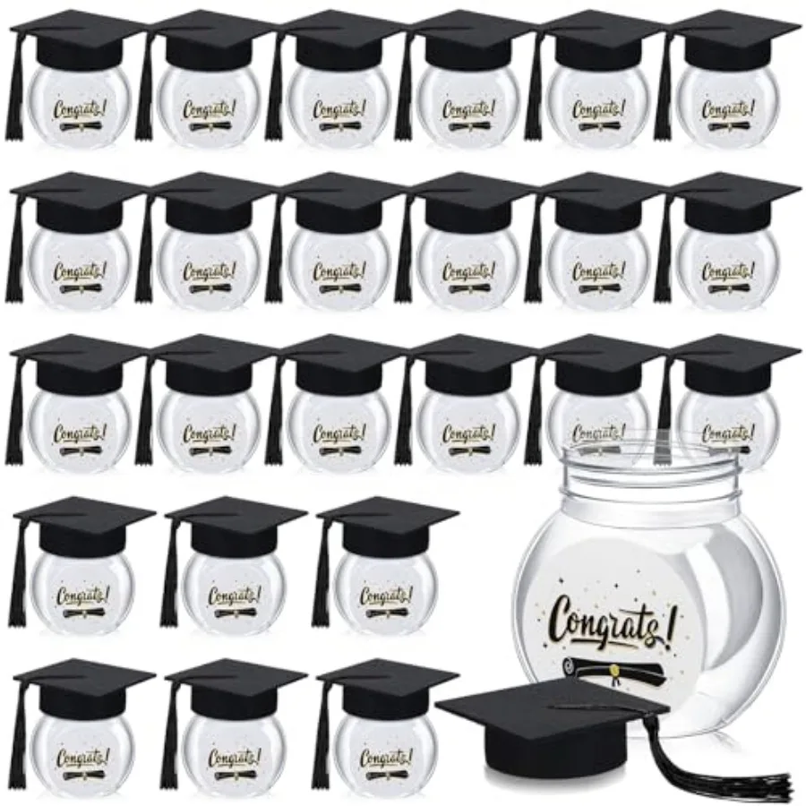 

24 Sets Graduation Cap Candy Jars 2026, 8oz Plastic Candy Container Chocolate Gum Bottles School Party Gifts for Guests