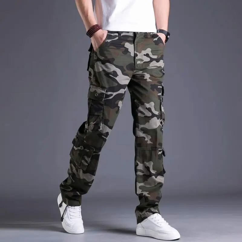Caminhadas calças multi bolso homem camuflagem ao ar livre ampla estética náilon moda luxo novo em casual rua calças de carga para homem