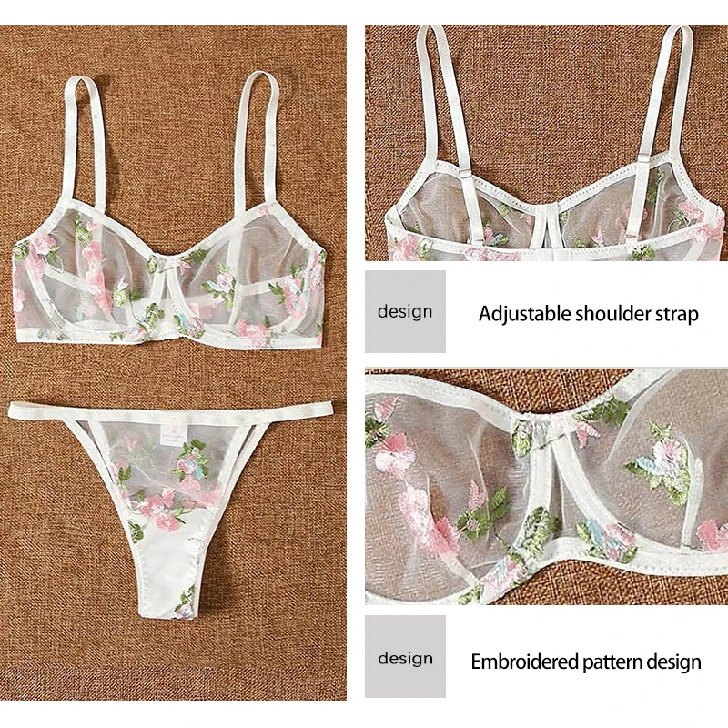 Girl\'s Sweet Bra Set Mesh Transparent Embroidered Flower Underwear Underwear Sexy and Comfortable Underwear Set