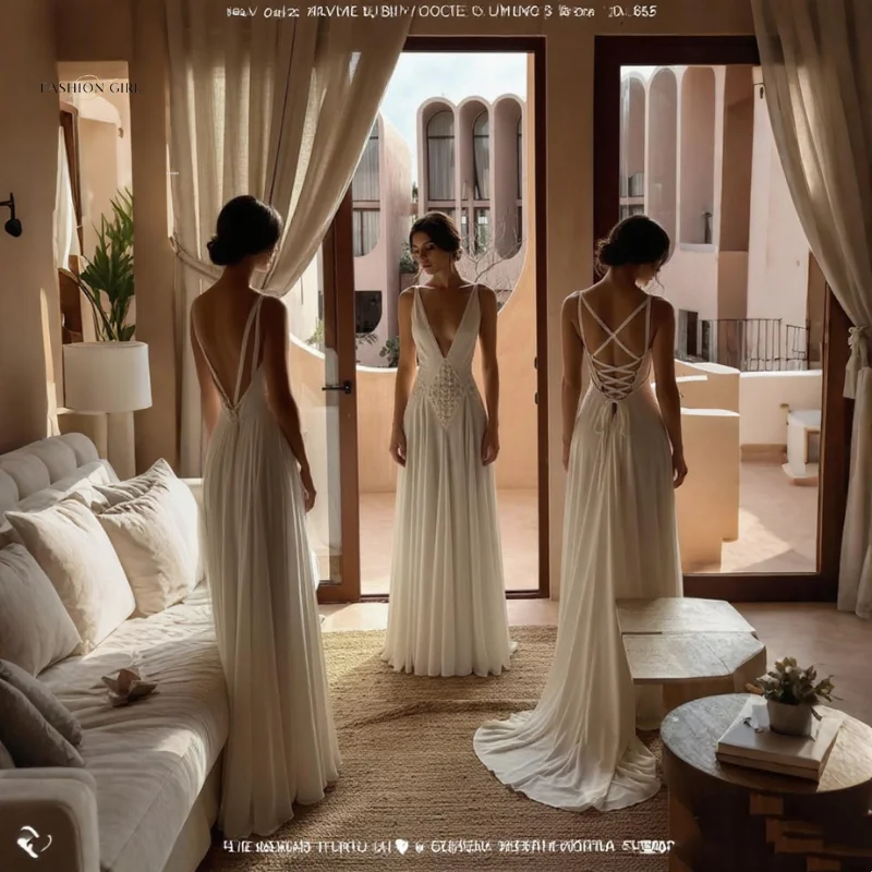 Bohemian Deep V-Neck Chiffon Long Dress For Women's Wedding Guests And Parties Long Flowing Dress With Grid Design In The Middle