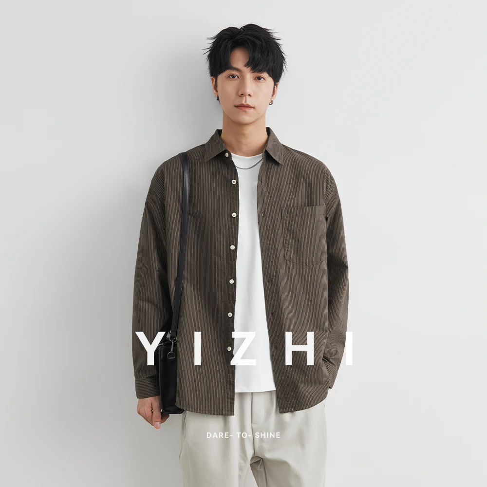 Men's Retro Lapel Cotton Long Sleeve Shirt Autumn 2025 New American Striped Casual Shirt Jacket Men's Clothing