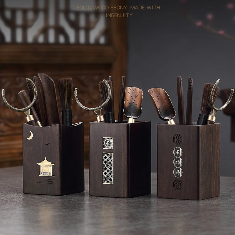 Five/Six Piece Set of Tea Making Tools Ebony Wood Tea Ceremony Spoon Brush Clip Accessories Storage Tea Bucket