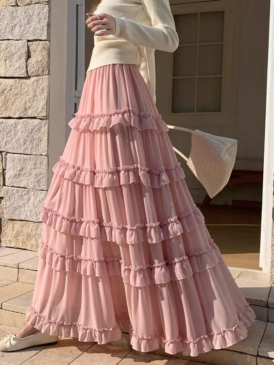 Falda de talla grande para mujer, falda de verano con cintura elástica, falda larga de corte A, falda larga de gasa para playa, faldas de fiesta coreanas estilo Lolita