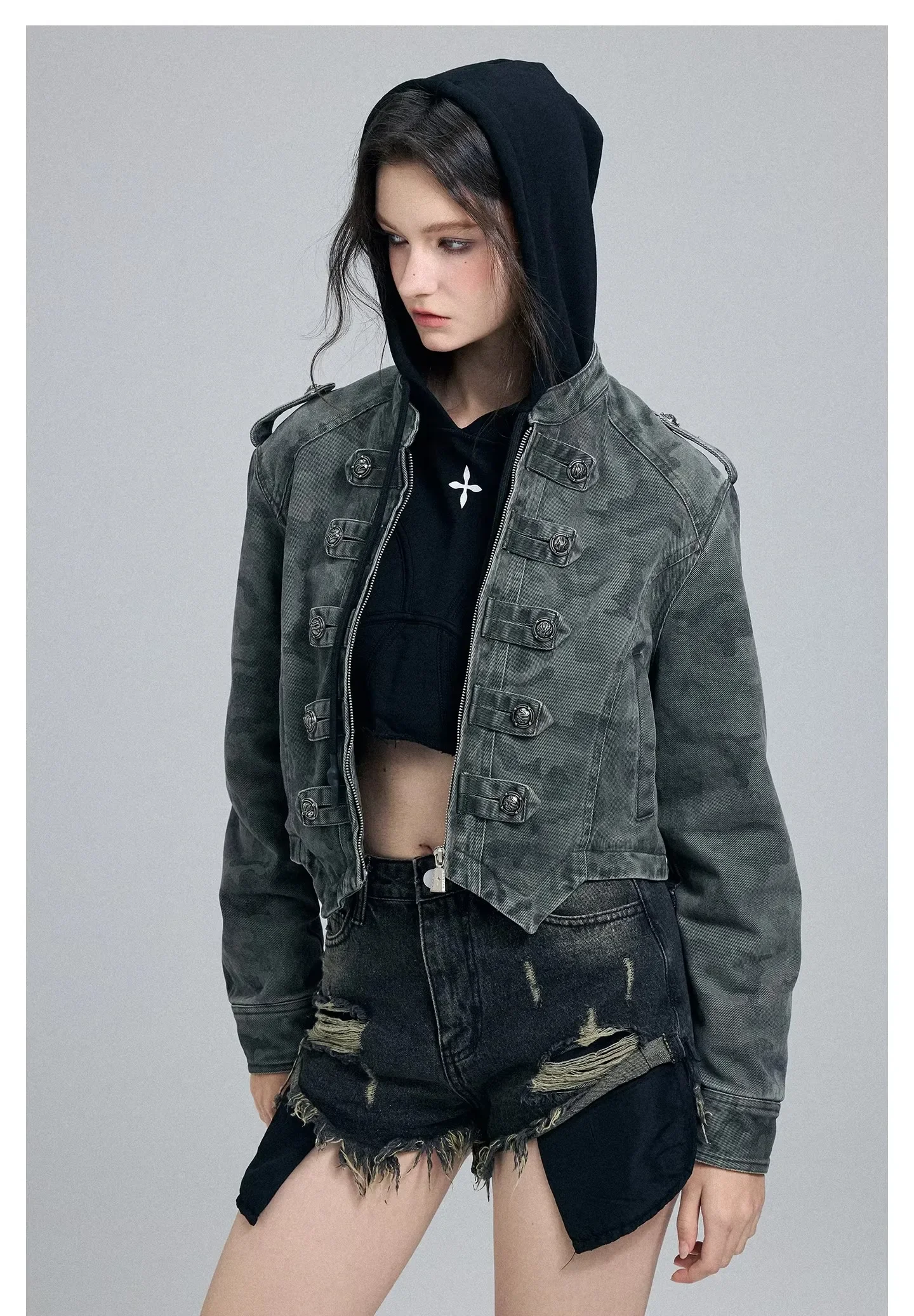 Original Design Camouflage Punk Retro Cargo Jacket Women Autumn Vintage 2pcs removable two ways wearing outer jackets coat