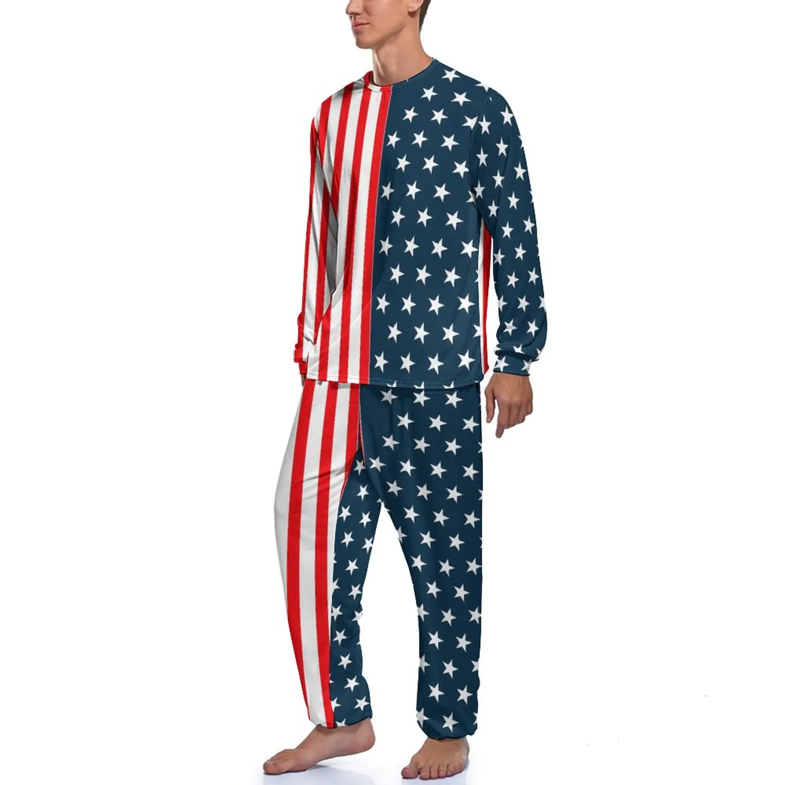 American Flag Pajamas Winter 2 Piece The Stars And Stripes Elegant Pajama Sets Male Long Sleeves Night Graphic Sleepwear