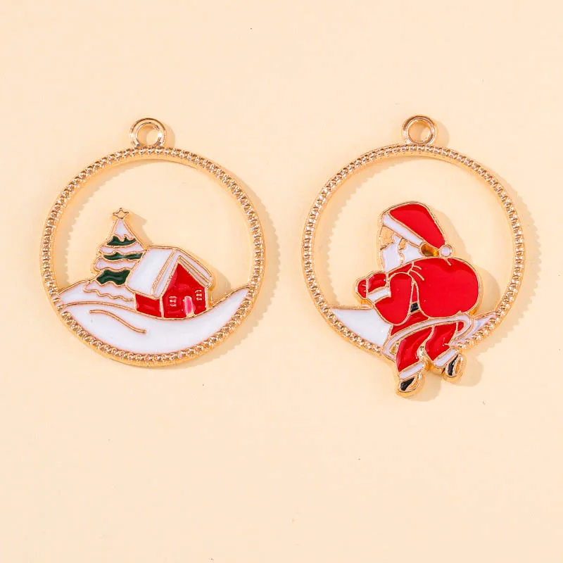 10Pcs Golden Alloy Round Hollow Out Santa Snow House Charms Pendant for DIY Christmas Ornament Earrings Bracelet Jewelry Making