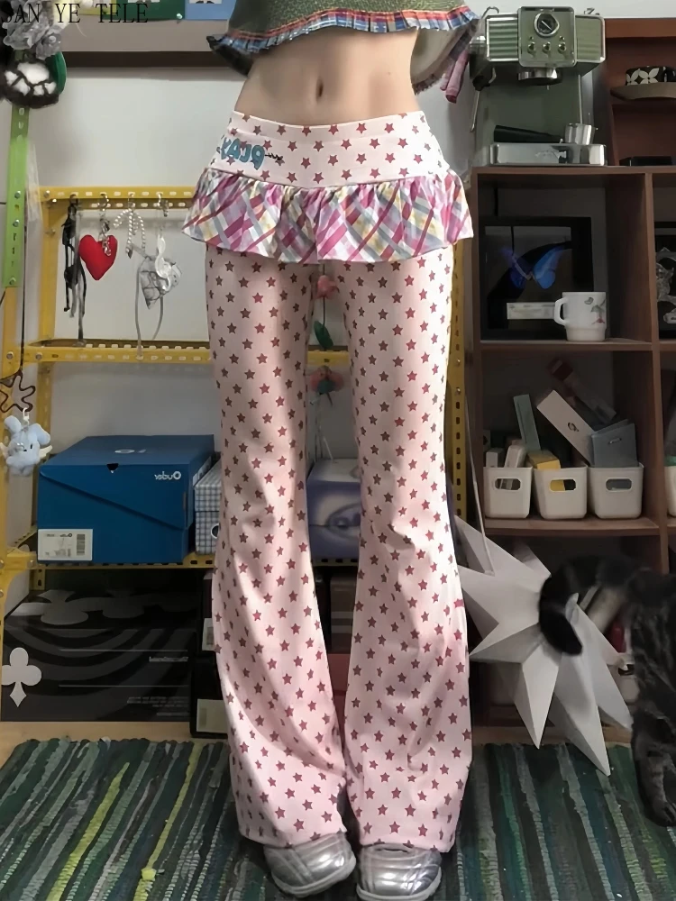 Spodnie w stylu college, urocze, Y2K, długie, damskie, jesienno-zimowe, imitacja dwóch części, spodnie z niskim stanem i rozszerzaną spódnicą, moda Kpop z lat 2000, gyaru.