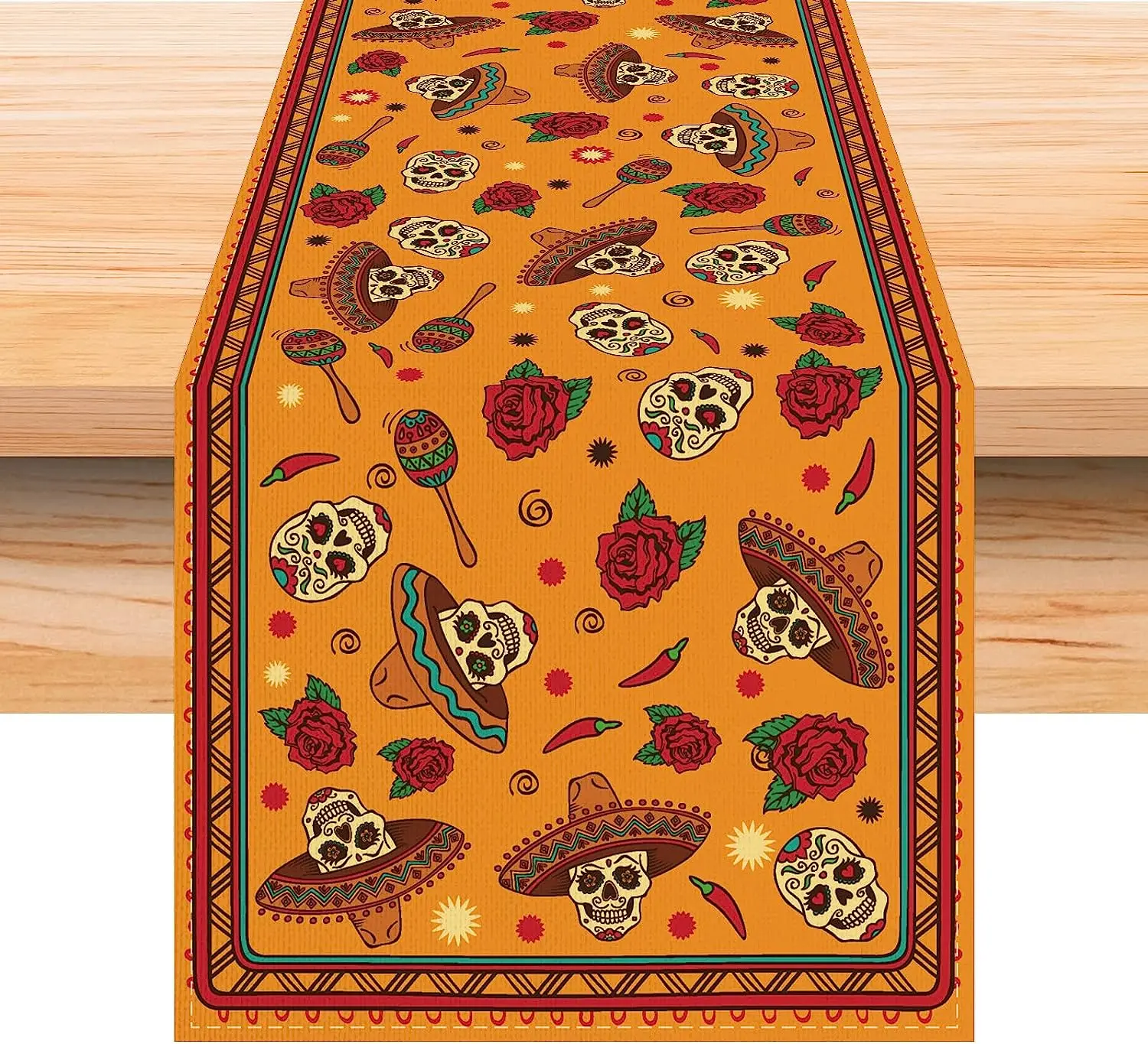 Mexican Day of The Dead Linen Table Runner Dia De Los Muertos Sugar Skull Table Runners for Dining Table Halloween Decorations