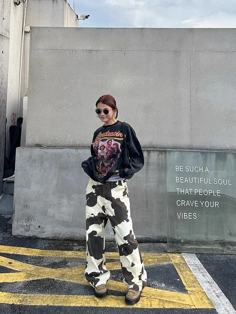 Grande taille Style américain Vintage mode femmes décontracté à la mode ample imprimé jambe large droite ample Denim pantalon femme jean