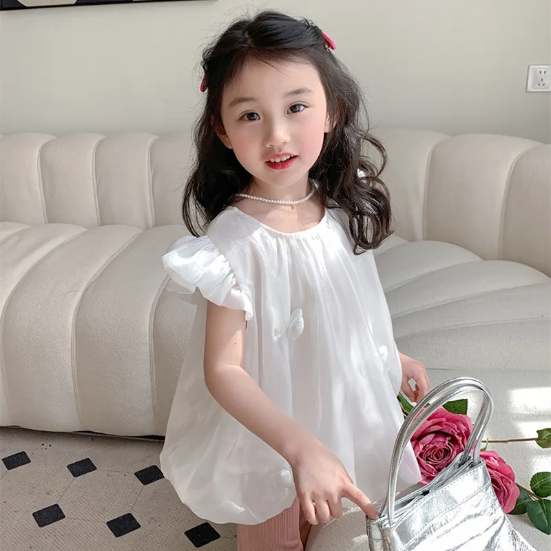 

Fashion Summer Girs T-shirts Fly Sleeve Children's Clothing Lovely Kids Tops For 2-7Yrs Solid Color Ruffle Tee