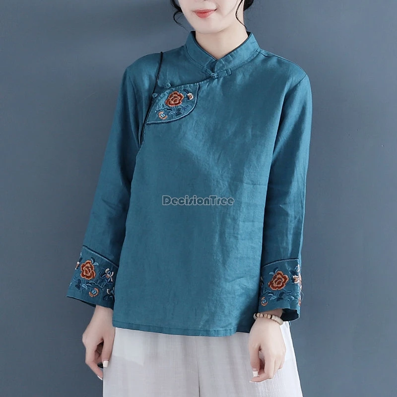 

2024 chinese ethnic style embroidery cotton linen top new daily improved diagonal buckle qipao top retro temperament tea garment