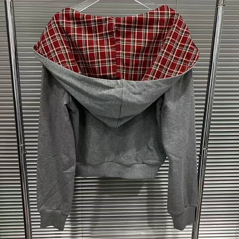 KBQ Solid Spliced Zipper Casual American Retro Coats for Women Hooded Long Sleeve Patchwork Pockets Chic Coat Female Fashion New