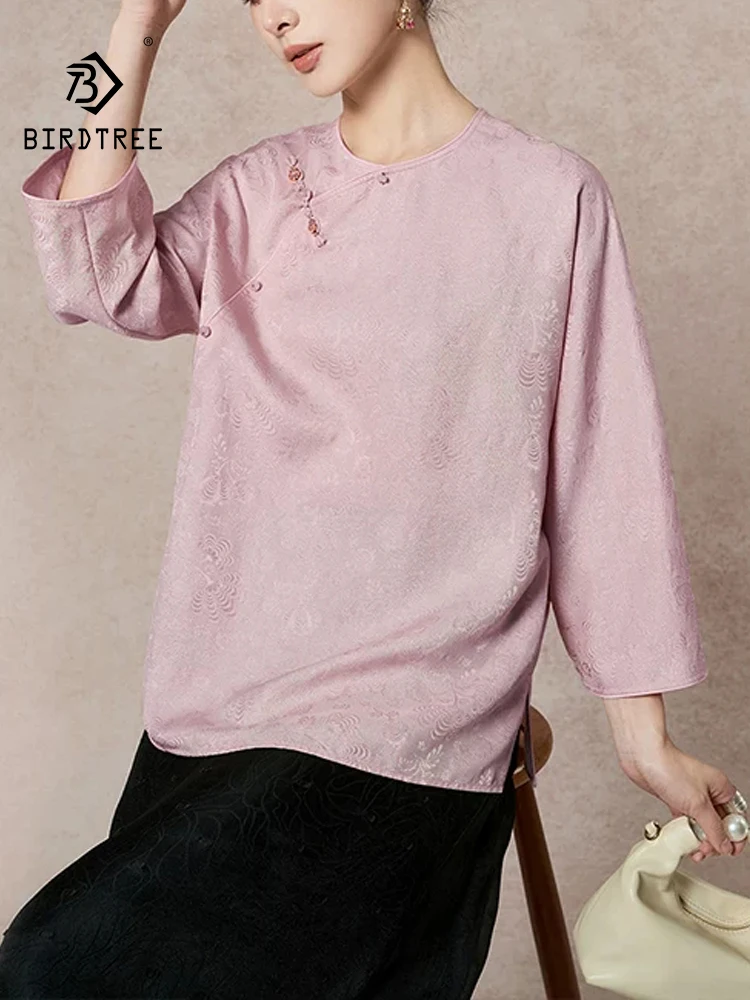 

BirdTree-19MM 93.8%Silk 6.2%Polyester Elegant Shirt, 3/4 Sleeve Jacquard, Women Fashion Loose Blouse, 2026 Summer New T63746CC