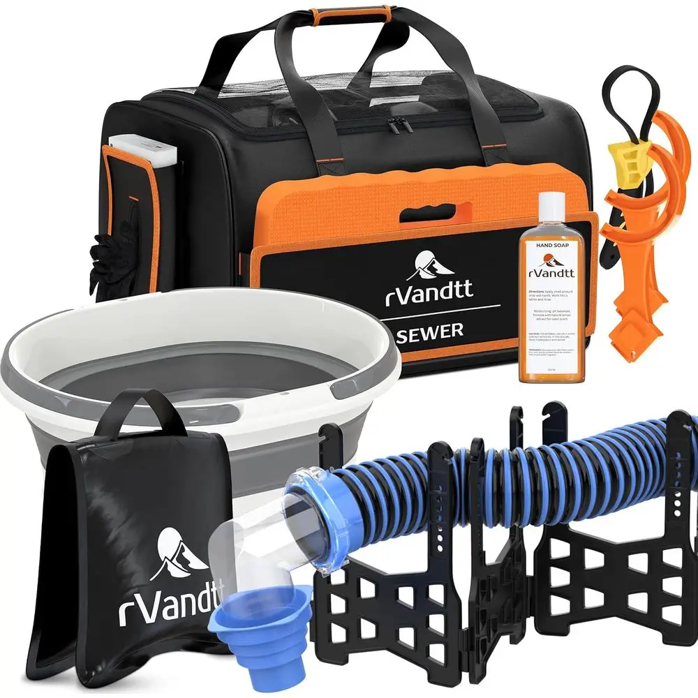 RV Sewer Accessories Kit - 15ft Sewer Hose w/4in1 Adapter, Stand, Collapsible Bucket, Nitrile Gloves, Hand Cleaner, Wrenches, Kn